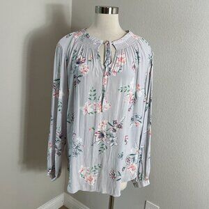 Torrid Womens Plus 3X Floral Long Sleeve Blouse Gray Pink White Front Neck‎ Tie